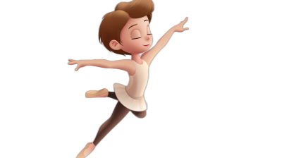 Cartoon of a brown haired boy ballet dancer, in the style of Pixar, full body, on a black background, like a Disney cartoon character, in a 3D animated style.