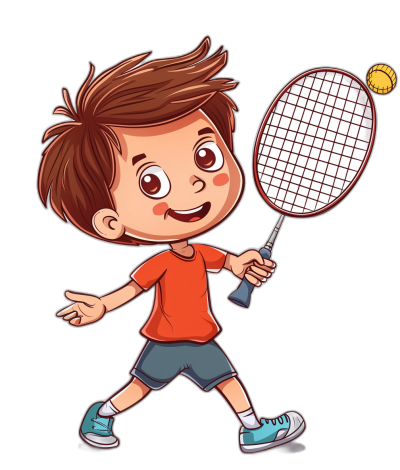 cartoon style, vector design of a boy playing badminton with a black background. The artwork is in the style of a minimal vector design with a focus on the boy playing badminton against a plain black backdrop.