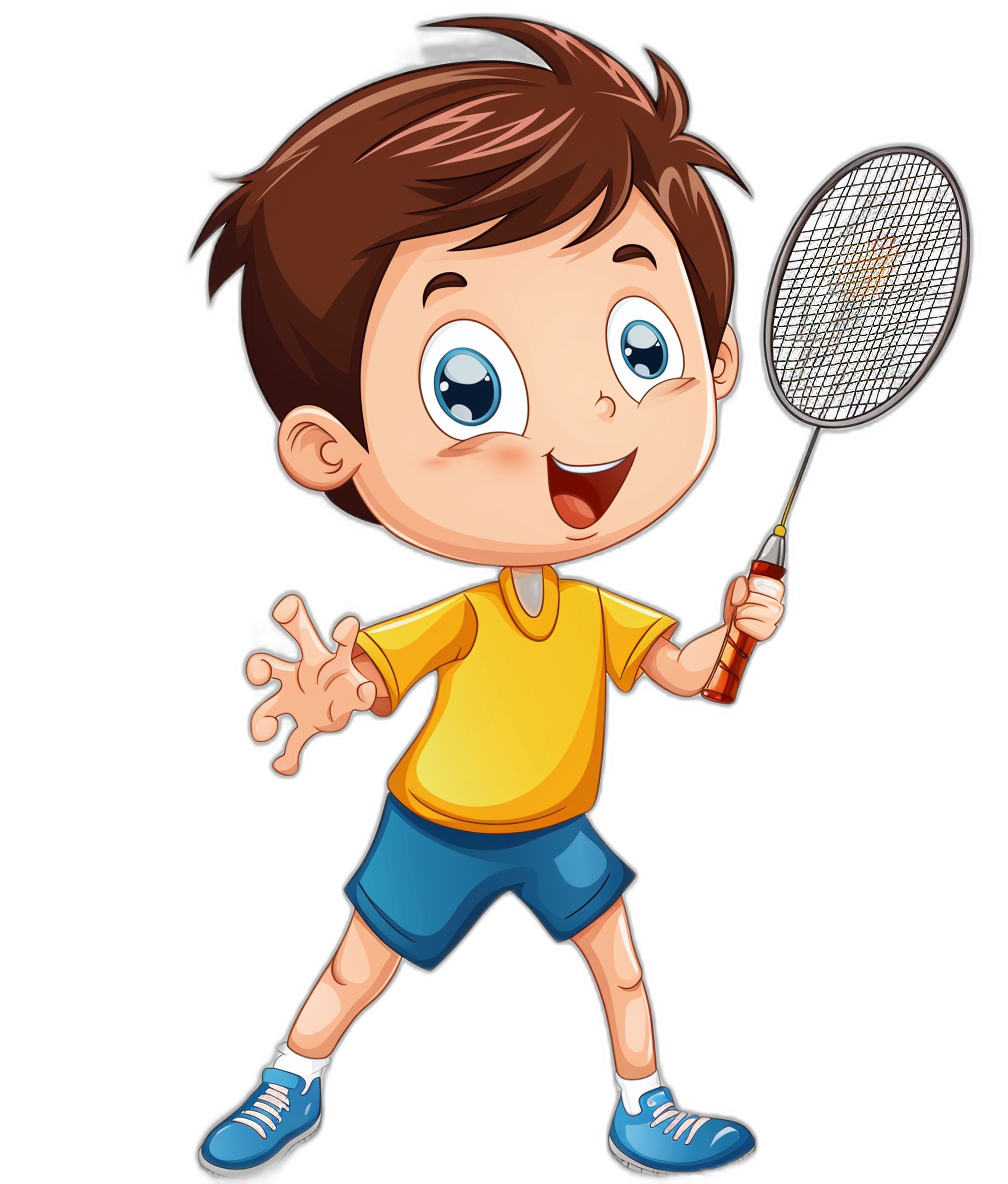 A cute little boy is playing badminton in the style of vector illustration, with simple lines against a black background. He has short brown hair and blue eyes with bright white teeth holding the racket in his hand, wearing a yellow T-shirt and dark shorts. The overall color scheme includes red as an accent tone. The artwork is in a cartoon style with simple line art against a pure black background.