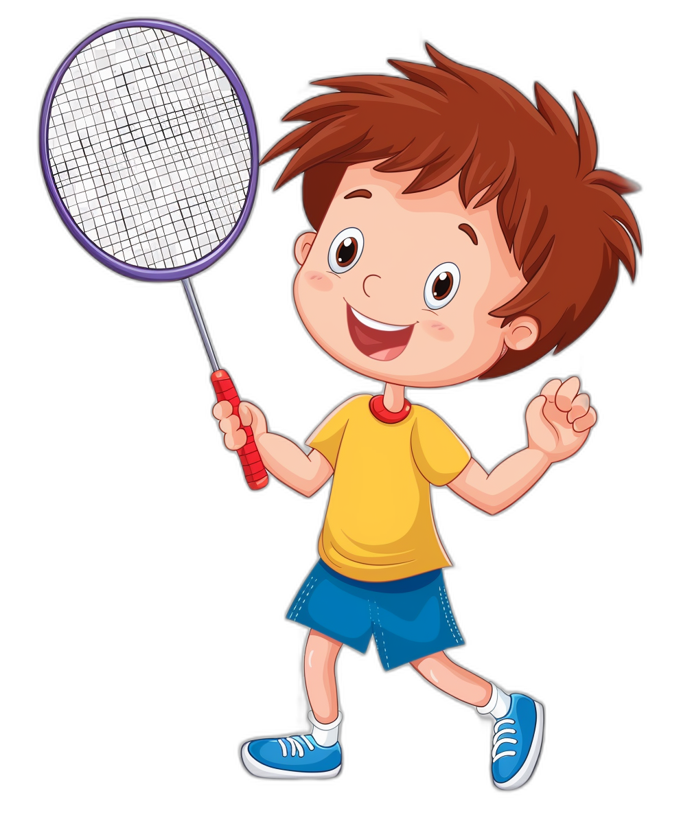 A cartoon boy playing badminton in a clip art style with a black background. He is wearing blue shorts and a yellow t-shirt, holding the racket in his right hand while smiling happily. The illustration has bright colors and highlights on his face to emphasize cuteness. This design will be suitable for various applications where it can convey joy through its simple yet engaging character in the style of a realist detail vector graphic.