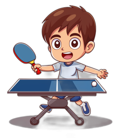 A cute kid playing table tennis in a cartoon vector style with a black background, showing their full body.
