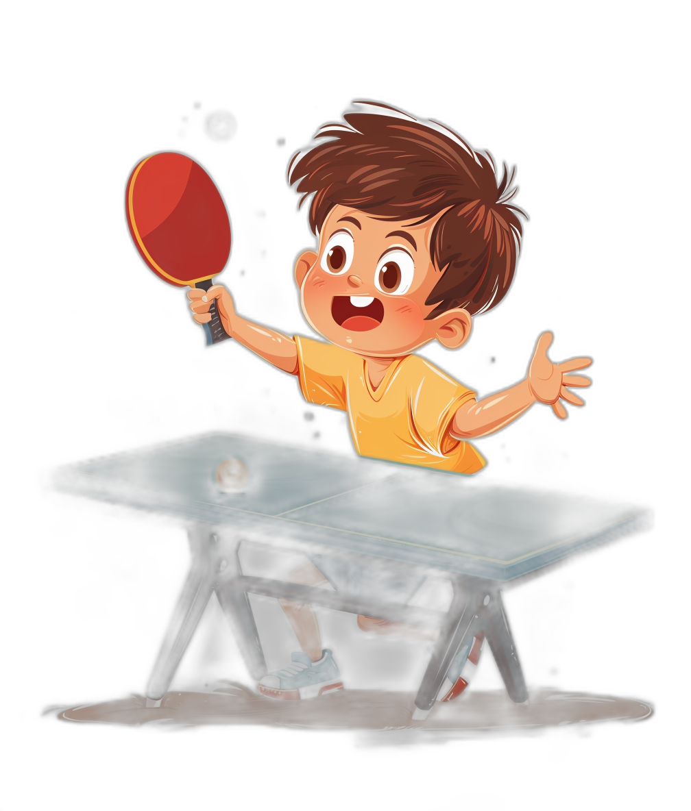 A cute cartoon illustration of a happy boy playing table tennis at a table with a dark background in the style of a children’s book.