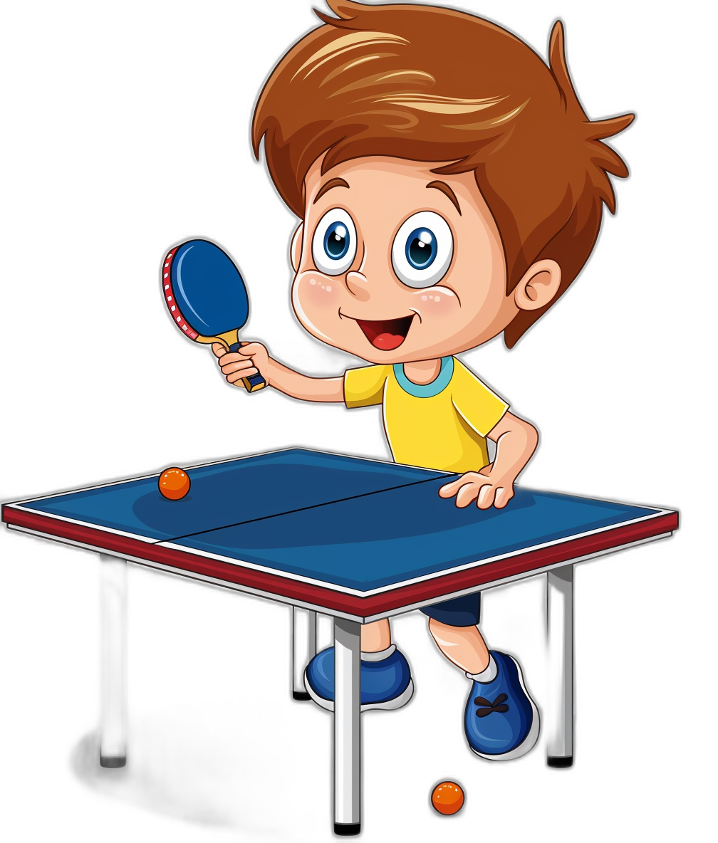 A cartoon boy playing table tennis in the style of clip art on a black background.