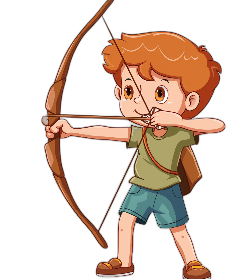 Cute cartoon boy shooting a bow and arrow in the style of a vector illustration with a black background.