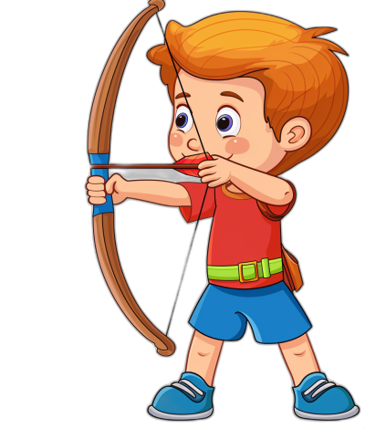 a cartoon illustration of boy with red hair wearing blue shorts and t shirt holding bow archery, shooting arrow isolated on black background, clip art for stickers, white outline , rtx on, detailed, high resolution