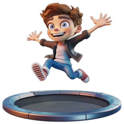 A boy jumping on the trampoline in the style of a cartoon, in the style of Disney Pixar characters, 3D rendering, black background, front view, full body shot, high resolution. He has brown hair and blue eyes with white teeth wearing jeans and a jacket. The colors of his  match well with him.