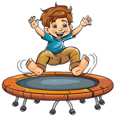 cartoon clip art. A boy is jumping on the trampoline, smiling with a happy expression, wearing blue short sleeves and brown pants on a black background.