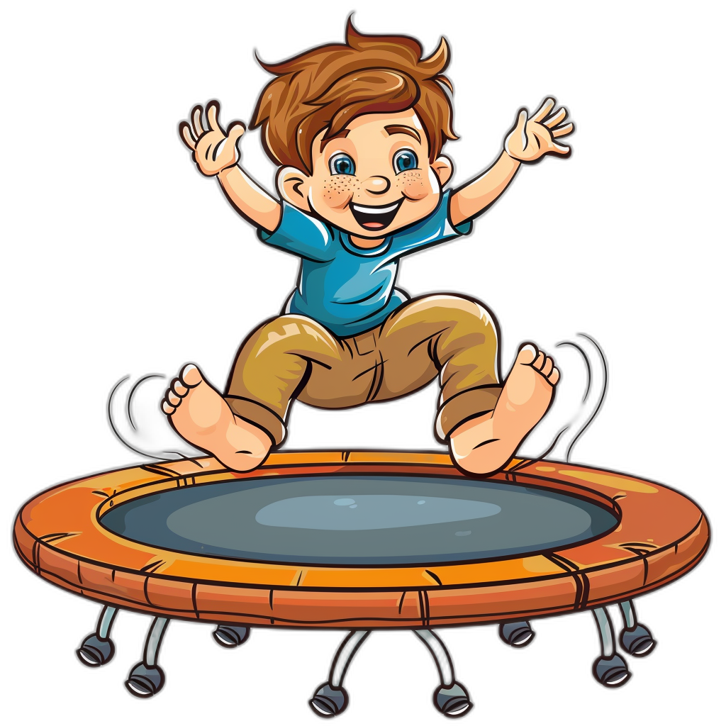 cartoon clip art. A boy is jumping on the trampoline, smiling with a happy expression, wearing blue short sleeves and brown pants on a black background.