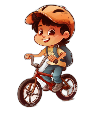 chibi style character of popular cartoon gravity falls, boy with brown hair and big eyes riding his bike on black background, wearing orange cap and blue jeans, chComparison to characters in the game "pixar" style