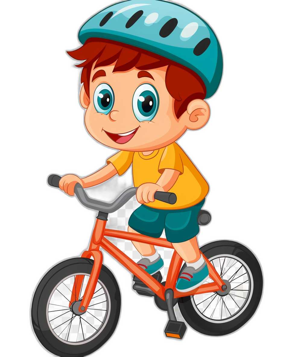 A cute cartoon boy wearing a helmet and shorts is riding a bicycle in the clip art style with a black background.