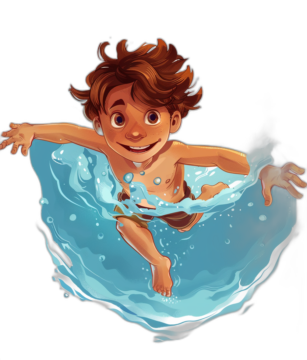 A little boy with brown hair is swimming in the water, smiling and looking at you from above. The background color around his body should be blue. In the style of Disney cartoon character design, in the style of Disney Pixar animation. Black background. High resolution.