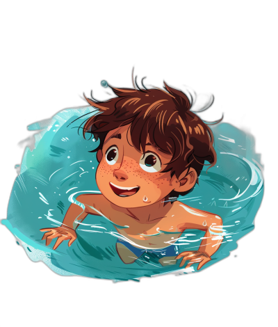 A cute little boy with brown hair is swimming in the water with a happy expression in the style of Pixar. The illustration has simple lines and is flat with a black background in a top view close-up shot portrait. The style is cartoon-like with high-definition details and high resolution for the best quality.