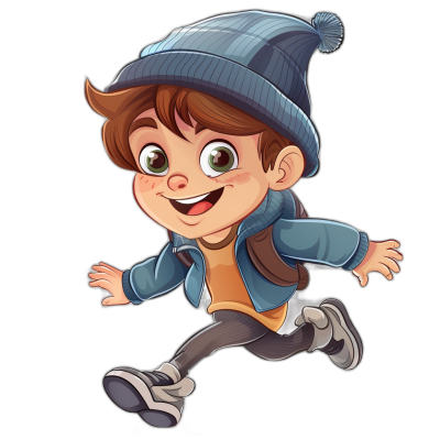 cartoon illustration of a happy boy in a blue beanie and jacket, grey tights running on a black background, brown hair, big eyes, in the style of Pixar, cute cartoon character design for kids