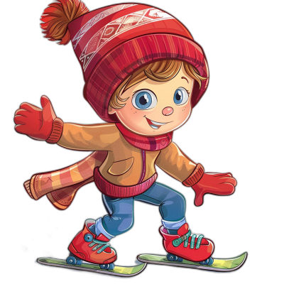 A cute cartoon clipart shows a little boy ice skating. He wears red boots and skates on his feet. He also has on gloves in bright colors and a winter hat. The background is isolated and black. It is a high quality vector illustration with high resolution, high detail, and sharp focus. There are no blur effects and the lines are clear. The art is in the style of a cute cartoon.