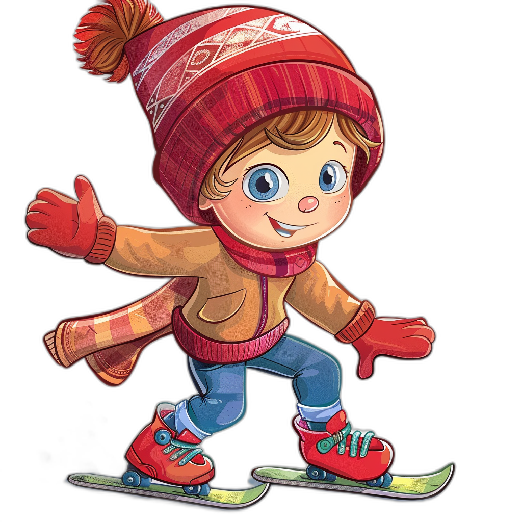 A cute cartoon clipart shows a little boy ice skating. He wears red boots and skates on his feet. He also has on gloves in bright colors and a winter hat. The background is isolated and black. It is a high quality vector illustration with high resolution, high detail, and sharp focus. There are no blur effects and the lines are clear. The art is in the style of a cute cartoon.