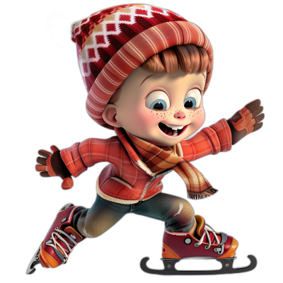 A cute little boy is ice skating, wearing a red and white checkered hat with a scarf around his neck and a happy expression. The style is cartoon with a black background and resembles Disney Pixar animation character designs. It is a full body shot with high definition, high resolution, high detail, and high quality rendering. The image has the best color and is rendered in the style of Disney Pixar animation.