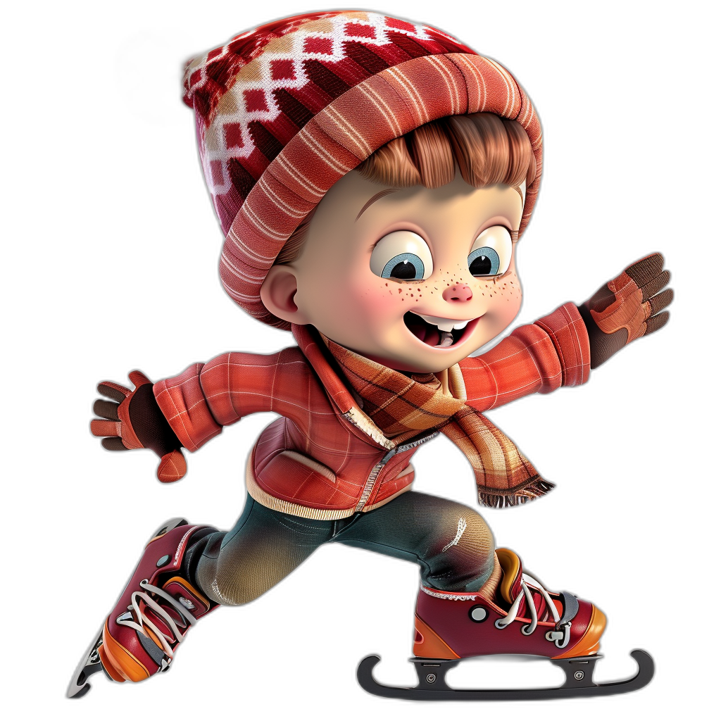 A cute little boy is ice skating, wearing a red and white checkered hat with a scarf around his neck and a happy expression. The style is cartoon with a black background and resembles Disney Pixar animation character designs. It is a full body shot with high definition, high resolution, high detail, and high quality rendering. The image has the best color and is rendered in the style of Disney Pixar animation.