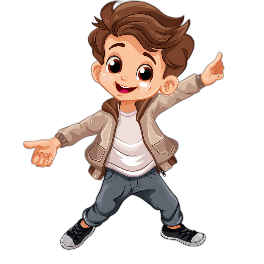 Cute cartoon boy character with brown hair and white skin in casual  with a jacket, pointing at something happy on a black background in the style of casual  with a jacket.