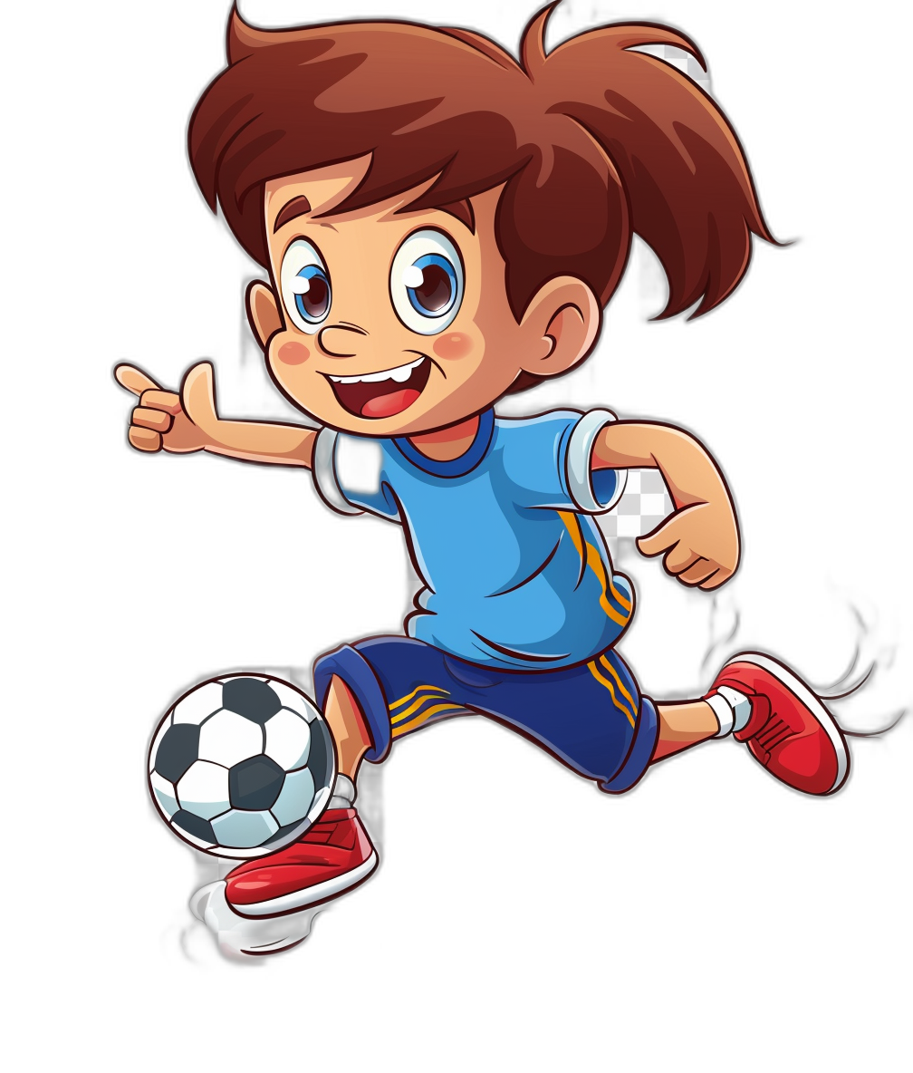 a cartoon vector illustration of an Asian girl playing soccer, wearing blue and red jersey, running with ball in hand, isolated on black background, in style by tom g过多published art work, simple, cute, colorful