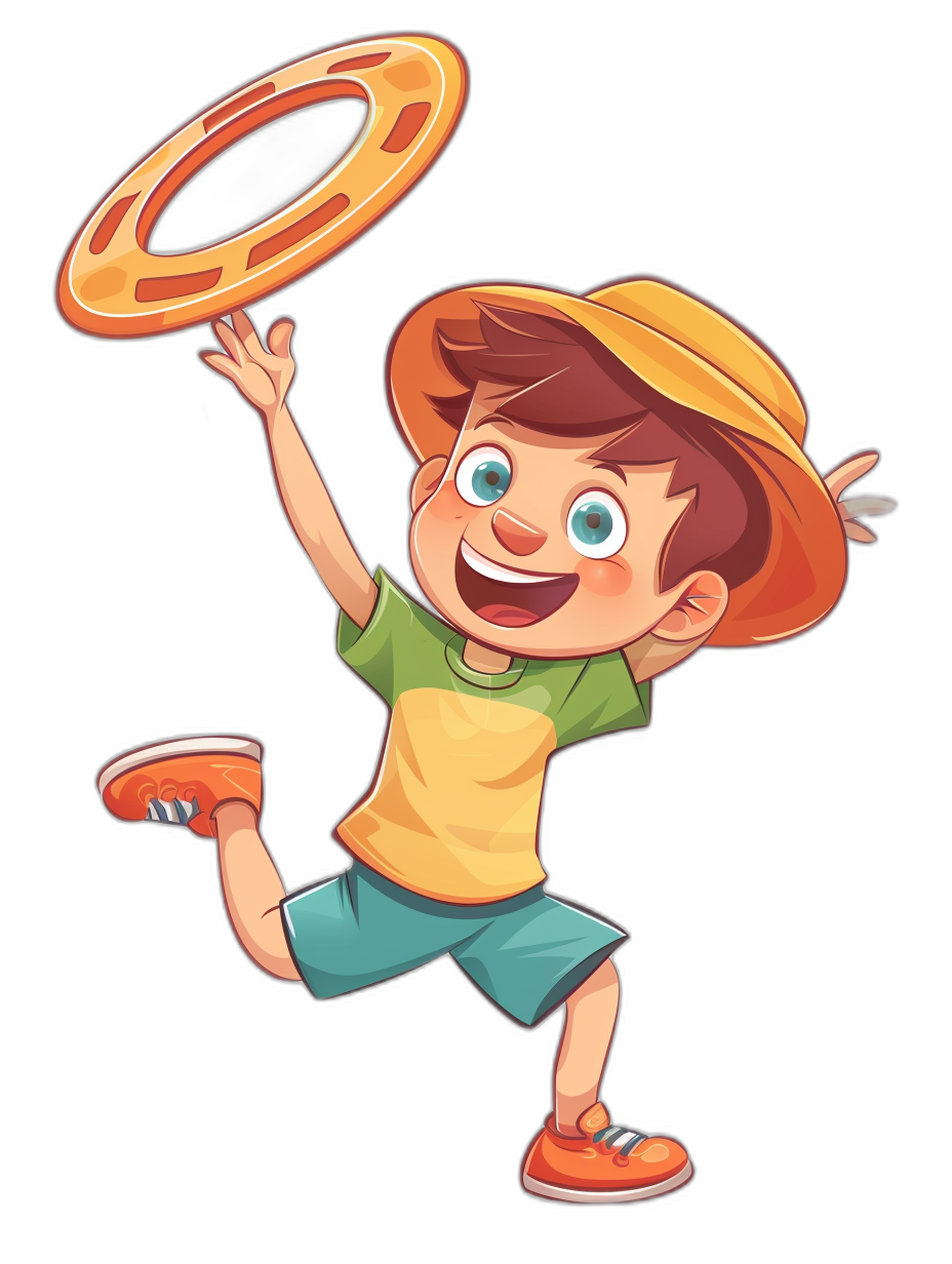 A cartoon vector illustration of an happy kid wearing shorts and t-shirt playing ring frisbee, isolated black background, warm colors