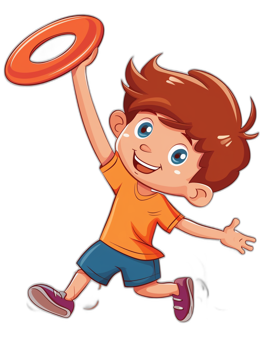 A cartoon boy is playing frisbee, vector illustration style with black background. He has brown hair and blue eyes wearing an orange t-shirt and dark purple shorts. The character’s hands reaching out to the ring as he jumps up in celebration of his catch.. cute cartoon design for kids