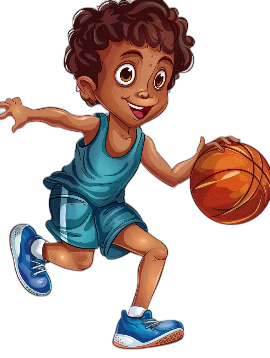 A cartoon-style boy in a blue basketball uniform and shoes is dribbling the ball with his right hand while jumping on a black background. He has curly hair and is smiling. The character should have detailed features typical of vector graphics art in the style of vector illustrations. Isolated object with a black color theme.