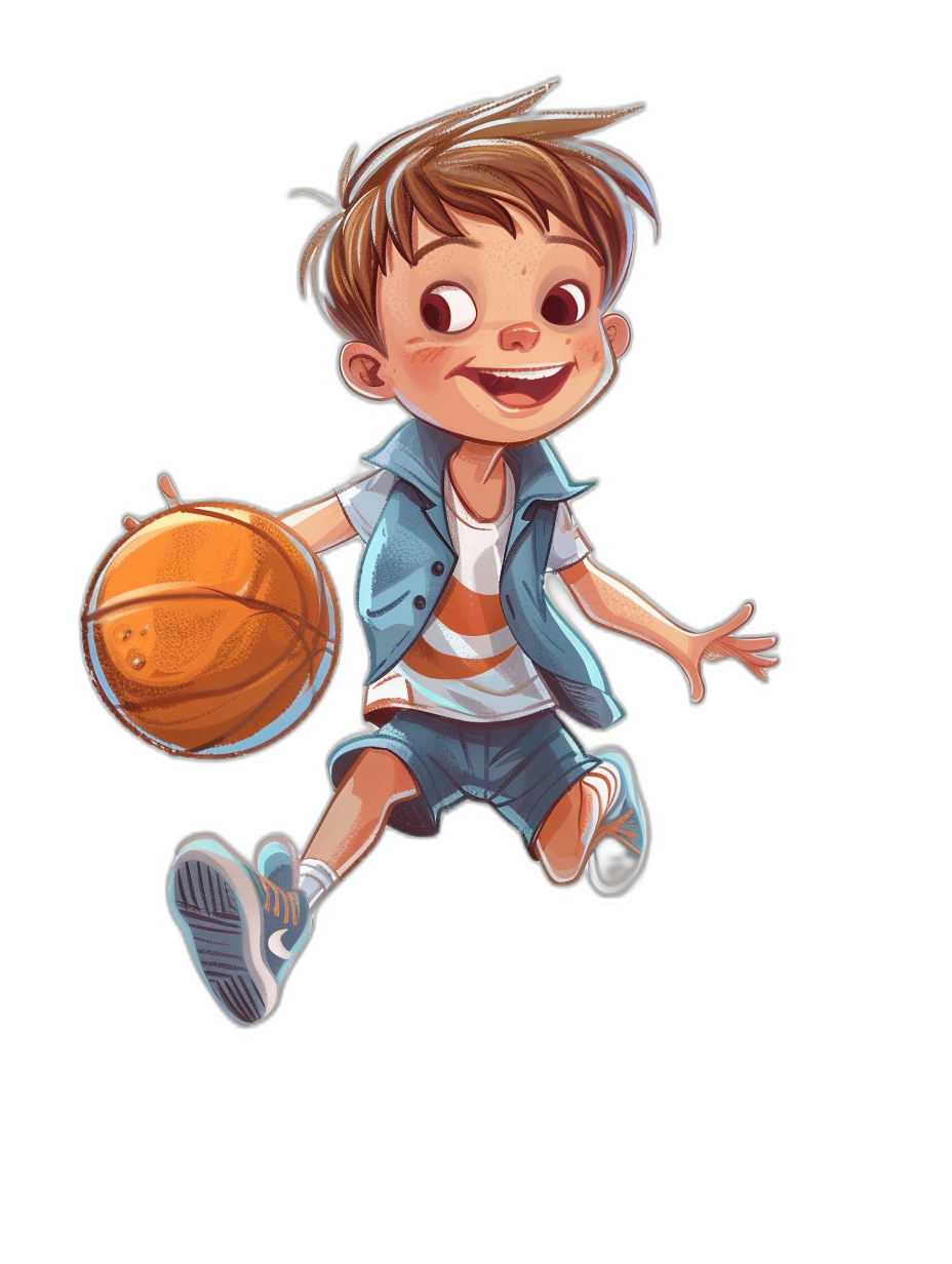 An illustration of a cute boy character in mid-air, holding his basketball and about to dunk it with one hand while smiling at you on a black background. He is wearing a blue vest over a white t-shirt, brown hair with a short cut, big eyes and a smiling face. The style should be cartoonish with vibrant colors, high contrast, and exaggerated proportions in the style of a cartoon.