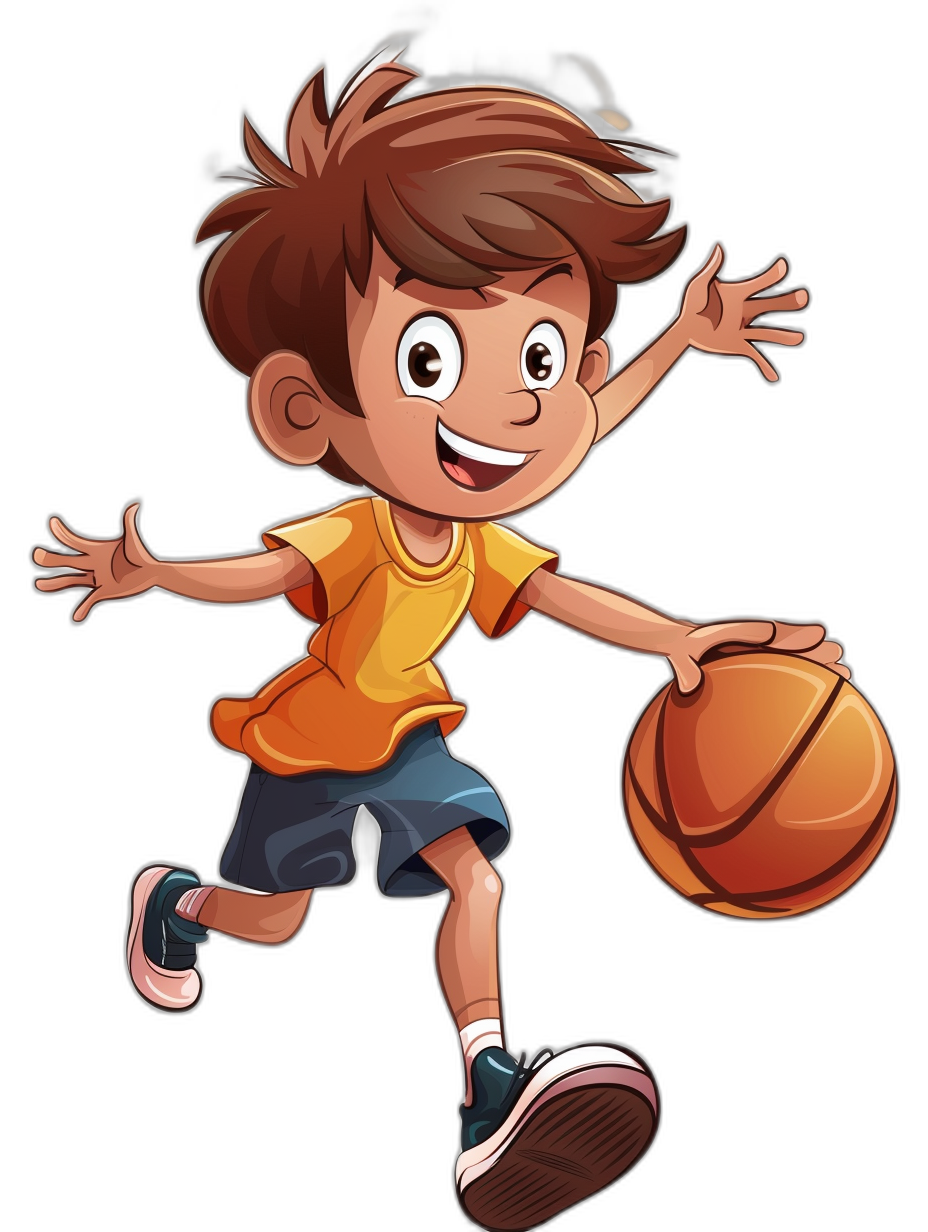 A happy cartoon boy playing basketball in the style of clip art, isolated on a black background.