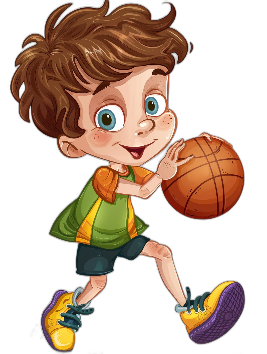 vector cartoon of a boy playing basketball, in a sticker style, vector art isolated on a black background, a happy cute kid character in a green and yellow shirt with purple shoes, with big blue eyes, brown hair, smiling, holding a ball under his arm, a colorful illustration, a cartoon drawing