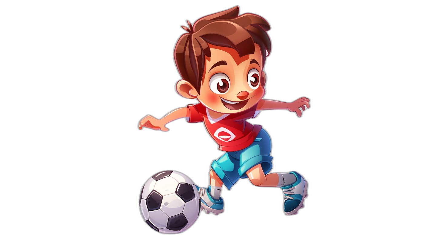 Cartoon boy playing soccer, wearing red and blue shorts with the logo of “Lech Titus” on his chest, in the style of a cartoon character design for a mobile game against a black background, with a cute cartoon art style, shown in a full body shot, high resolution, high detail, created as a digital painting, with a high contrast color grading and soft shadows, with clean sharp focus and high details.