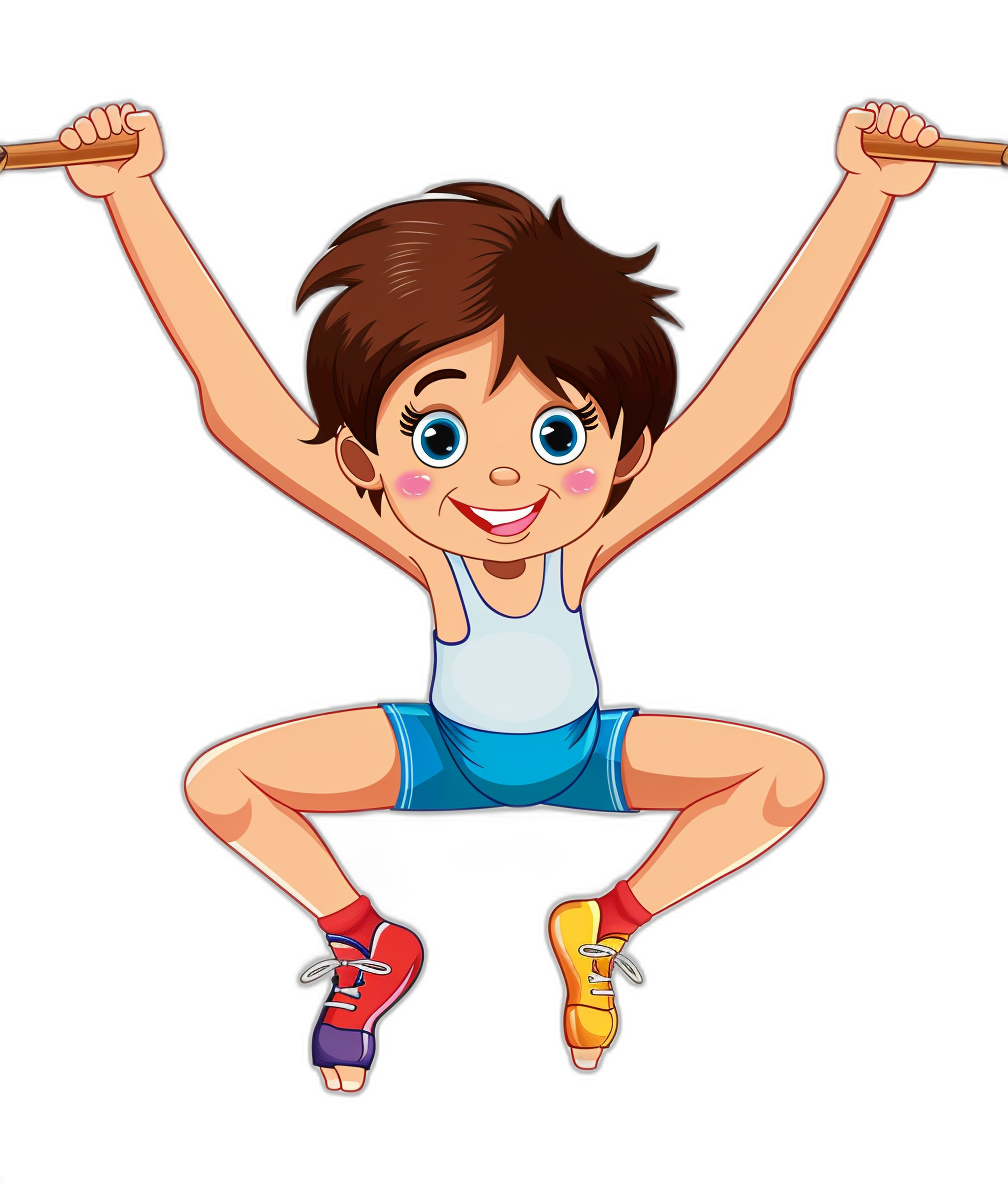 A cartoon of a happy boy doing gymnastics in the style of clip art, isolated on a black background.