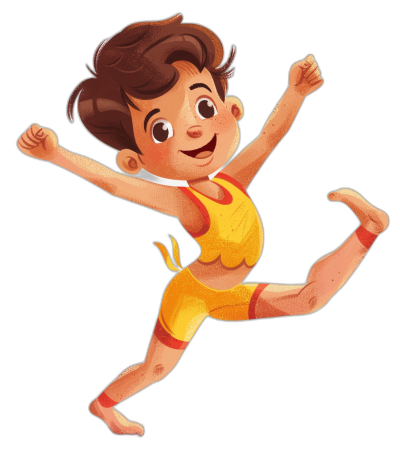 Cute cartoon illustration of a happy jumping boy wearing a yellow and red wrestling outfit against a black background, in the style of Disney Pixar.