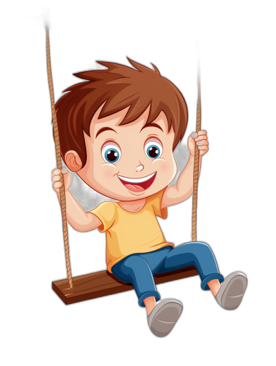 cartoon style, cute boy sitting on the swing smiling, isolated black background, in the style of clipart