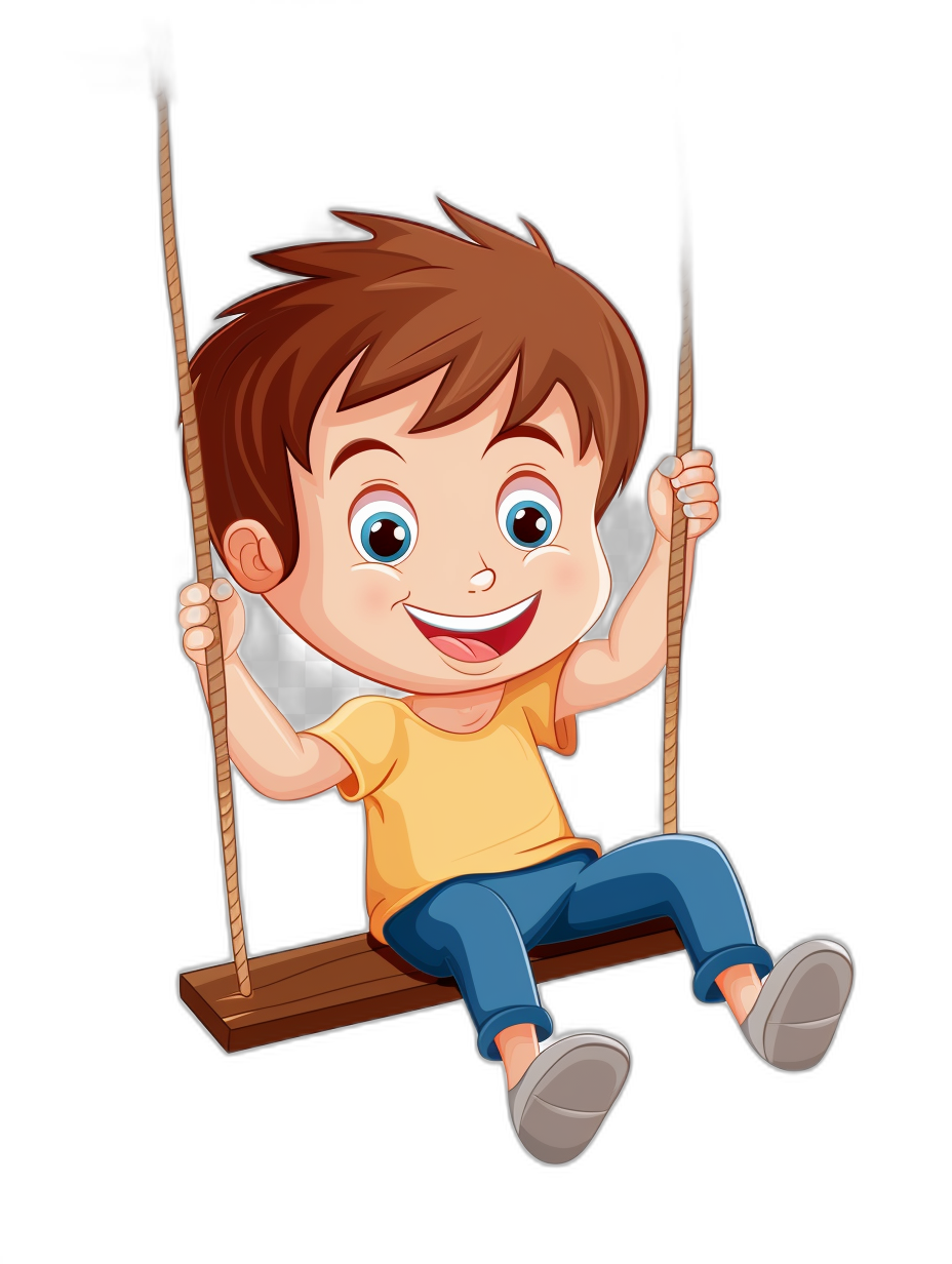 cartoon style, cute boy sitting on the swing smiling, isolated black background, in the style of clipart