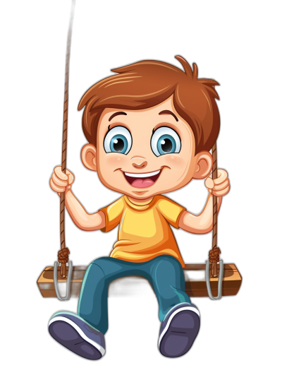 a cute happy cartoon boy sitting on the swing, clip art style isolated black background