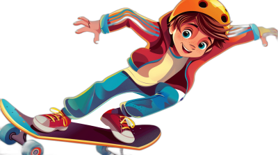 A boy is riding on his skateboard in the style of Disney, a full body portrait cartoon character with solid black background, colorful , and detailed facial expressions. The animated illustration features vibrant colors and animated expressions as the boy wears an orange helmet and has blue eyes. A cartoon cute girl character design jumps high in pose with bright red shoes.