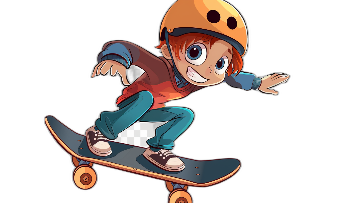 A cartoon boy riding on a skateboard, wearing a helmet and casual . The character is designed in the style of an animated style with vibrant colors against a black background. He has big eyes and a smiling face, showing joy while skateboarding. There are no text or any additional elements to emphasize focus on the characters and their emotions. This design will be suitable for animation or children-themed content, combining cuteness with the sporty spirit of skating.