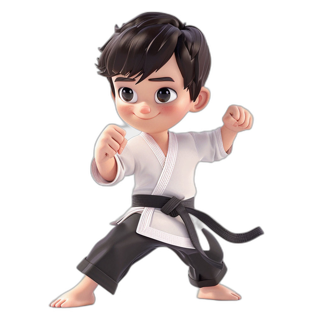 3D character design of a boy in a karate outfit, full body, on a black background, in the chibi style, in the style of Pixar