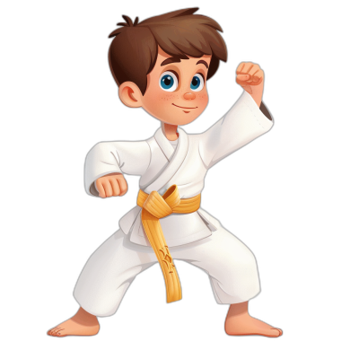 cartoon brown-haired boy with blue eyes wearing a white karate outfit and yellow belt, full body portrait on a black background, in the style of Disney Pixar cartoon art