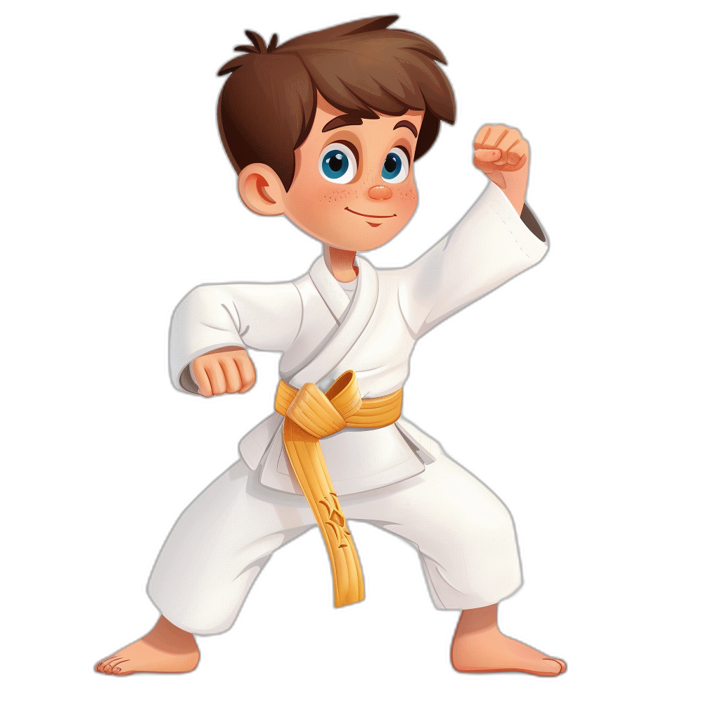 cartoon brown-haired boy with blue eyes wearing a white karate outfit and yellow belt, full body portrait on a black background, in the style of Disney Pixar cartoon art