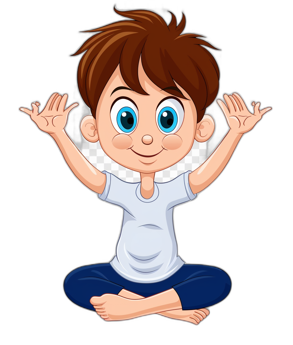 cartoon boy doing yoga, wearing a white t-shirt and blue pants, with brown hair and big eyes, hands up in the air, in the style of clip art on a black background