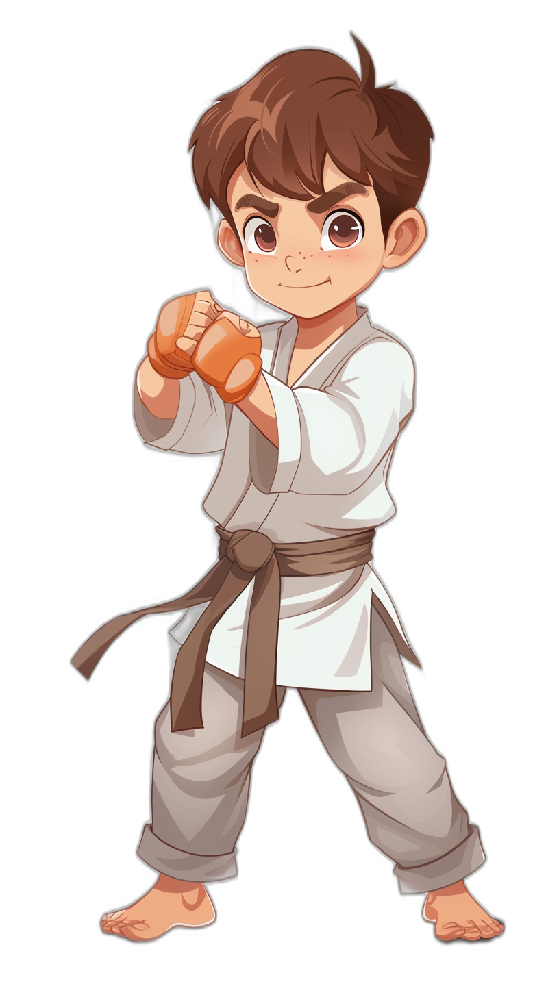 cartoon drawing of a boy in a karate outfit, doing a cool pose against a black background. A full body drawing in chibi style, with cute eyes and brown hair color, in the style of an anime or manga artist.