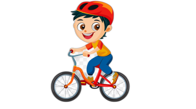 Cute cartoon character boy riding bicycle with helmet on black background vector Illustration, Isolated object for children's game or animation. Vector illustration of happy kid sitting in the bike wearing red hat isolated on white, Cartoon design element for print and web banner, adobe illustrator flat style design