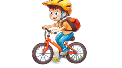 Cute cartoon boy riding bicycle, with a yellow helmet on his head and blue eyes, on a black background, wearing colorful  and backpack, in the style of Pixar illustration, high resolution 3D render, cartoon character design, cute 2D vector art, high quality, with a white outline border around his body, high detail, high contrast, bright colors.