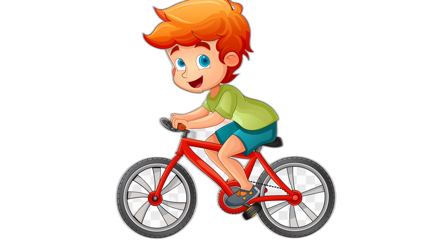 cartoon red hair boy riding bicycle, cartoon style, clip art for kids, on black background