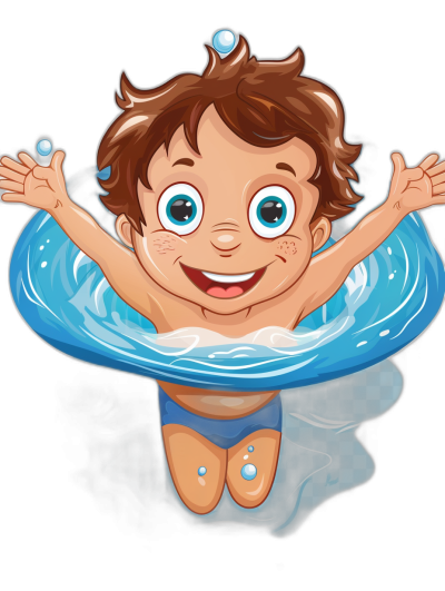 A cute happy cartoon boy with brown hair and blue eyes is floating in the air on an inflatable ring in front of a swimming pool background. He is wearing a t-shirt with an ultra detailed graphic design in the style of a sticker. The image is isolated on a black background.