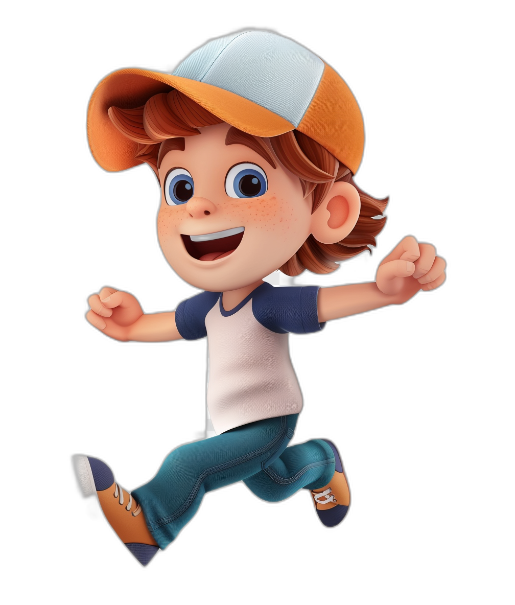 A cute cartoon boy wearing blue jeans and an orange white cap is running, with a happy expression on his face. He has brown hair, big eyes, and bright colors in the style of Pixar, with a simple black background in the Disney style. It is a full body portrait with 3D rendering at a high definition 2K resolution.