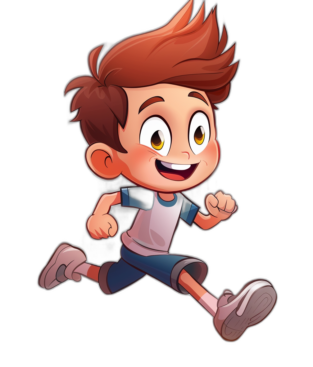 A cute cartoon boy running in a full body portrait in the style of a game avatar illustration with a black background and game art character design with simple and bright colors and high definition details.