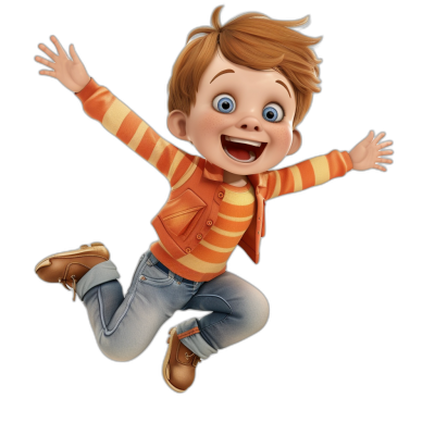 A cute boy with short hair, blue eyes and orange stripes is jumping in the air. He wears jeans, an unbuttoned shirt and brown shoes. in the style of Disney Pixar. Black background.