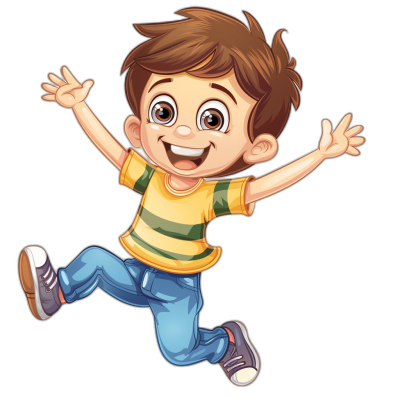 A cute cartoon of a happy boy jumping in the style of clip art style isolated on a black background with no shadow and space in the middle.